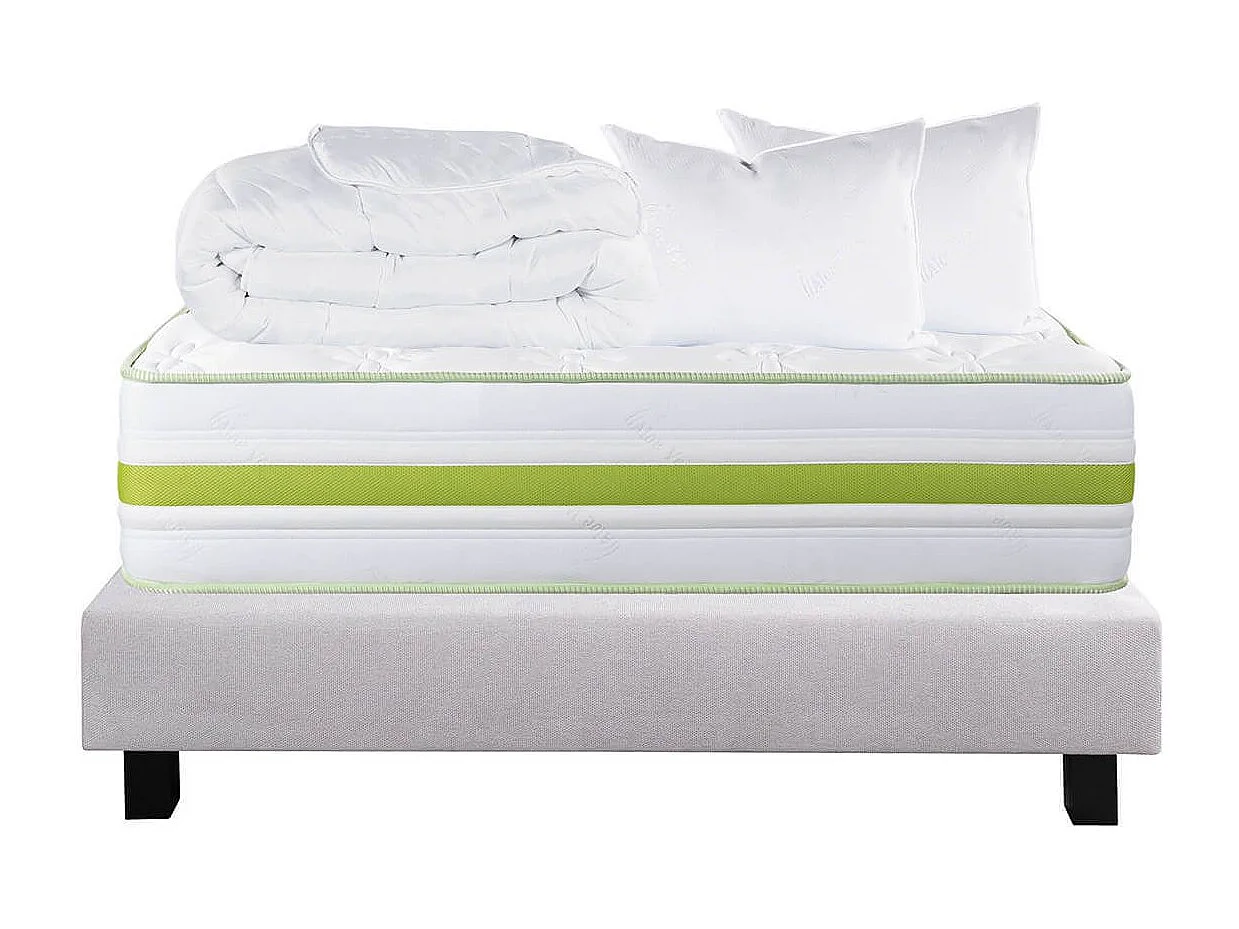 REVA - Pack Matelas + Sommier Tapissier Gris 140x190 cm + 2 Oreillers + 1 Couette