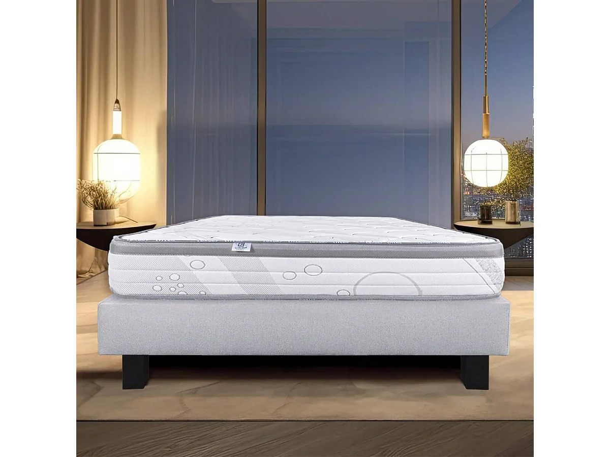 REINALD - Ensemble Matelas Ressorts Ep.26cm + Sommier Tapissier Gris 140x190 cm