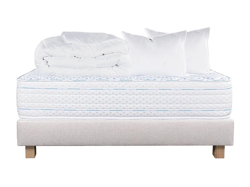 THELIO - Pack Matelas + Sommier Tapissier Beige 140x200 cm + 2 Oreillers + 1 Couette