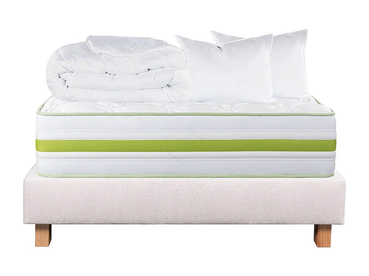 REVA - Pack Matelas + Sommier Tapissier Beige 160x200 cm + 2 Oreillers + 1 Couette