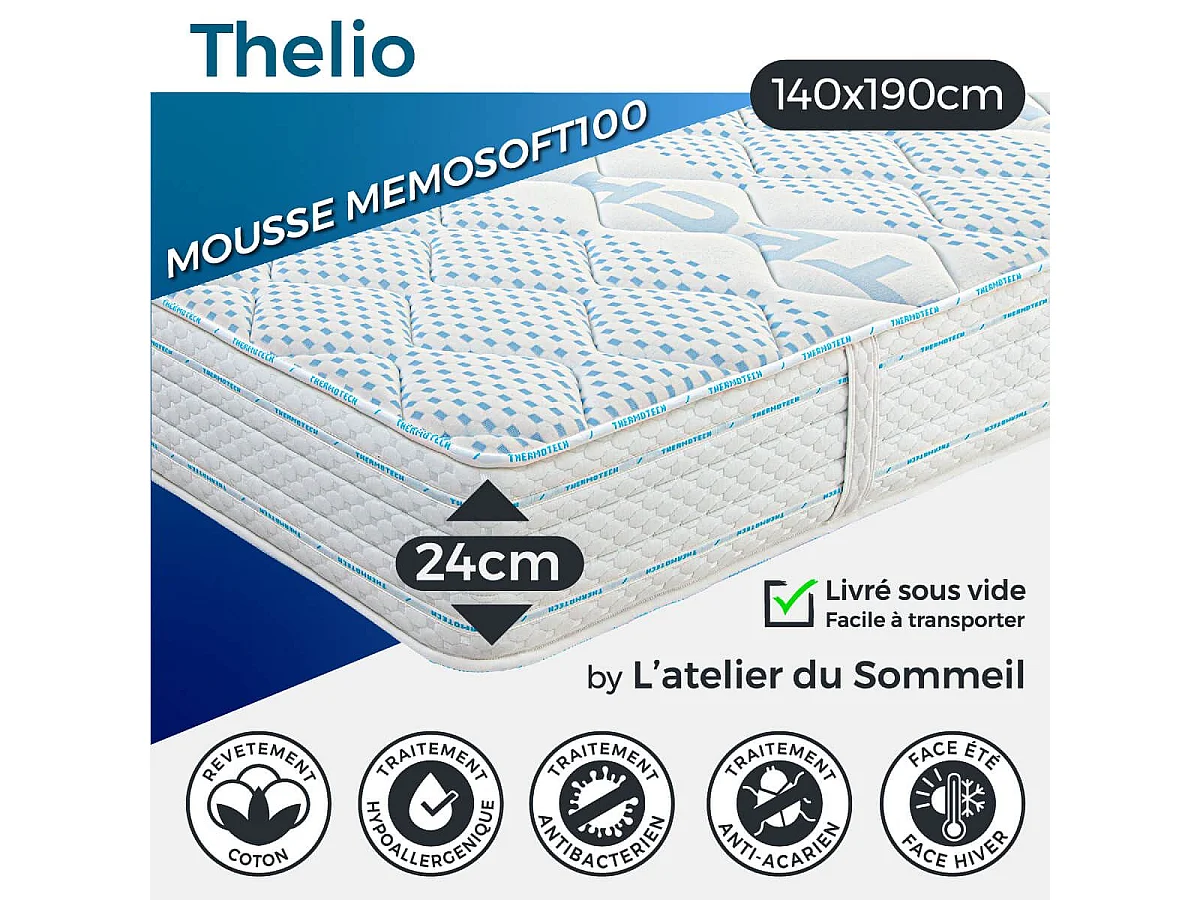 THELIO - Ensemble Matelas Mousse Ep.24cm + Sommier Tapissier Blanc 160x200 cm