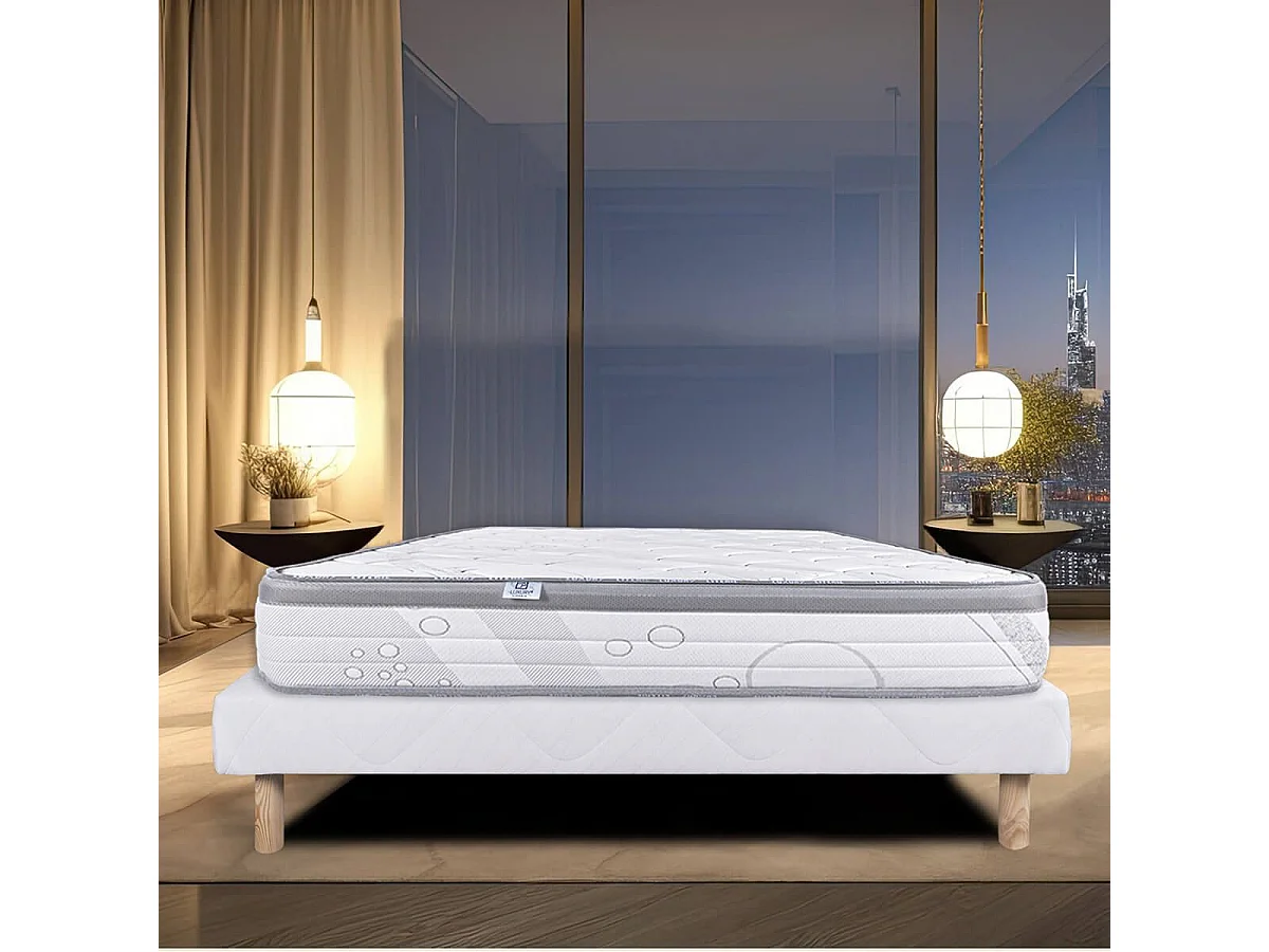 REINALD - Ensemble Matelas Ressorts Ep.26cm + Sommier Tapissier Blanc 160x200 cm