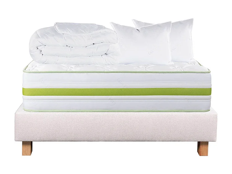 REVA - Pack Matelas + Sommier Tapissier Beige 140x190 cm + 2 Oreillers + 1 Couette