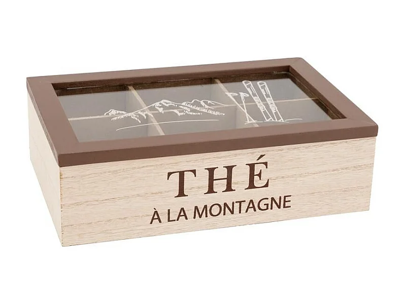 Boîte à thé en bois naturel avec décor montagne et couvercle en verre