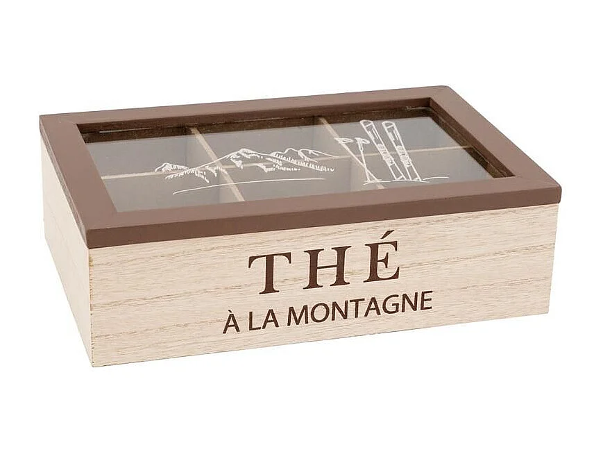 Boîte à thé en bois naturel avec décor montagne et couvercle en verre