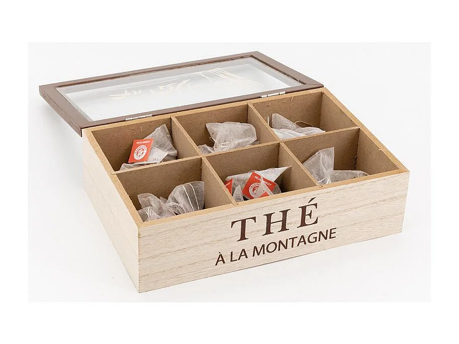 Boîte à thé en bois naturel avec décor montagne et couvercle en verre