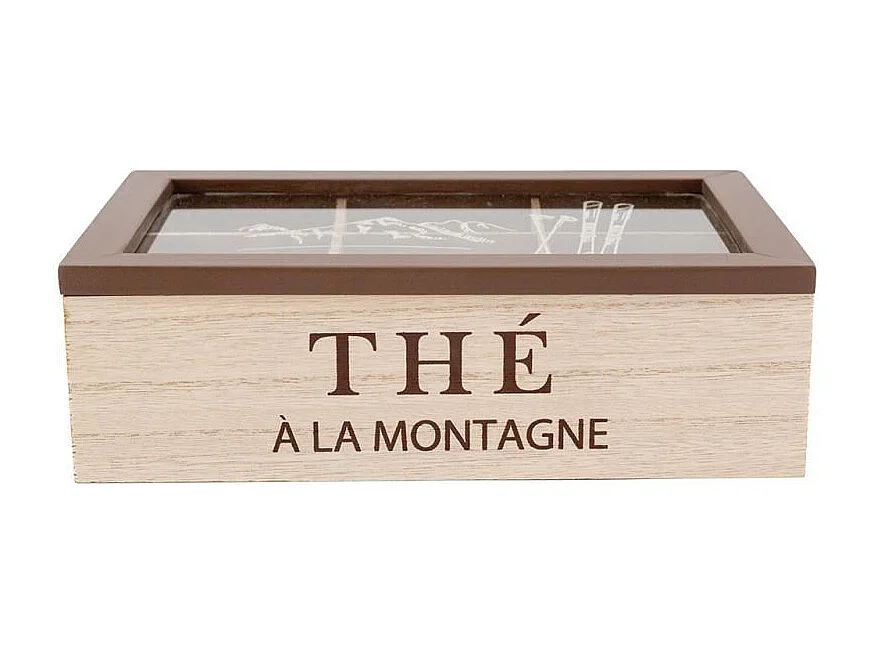 Boîte à thé en bois naturel avec décor montagne et couvercle en verre