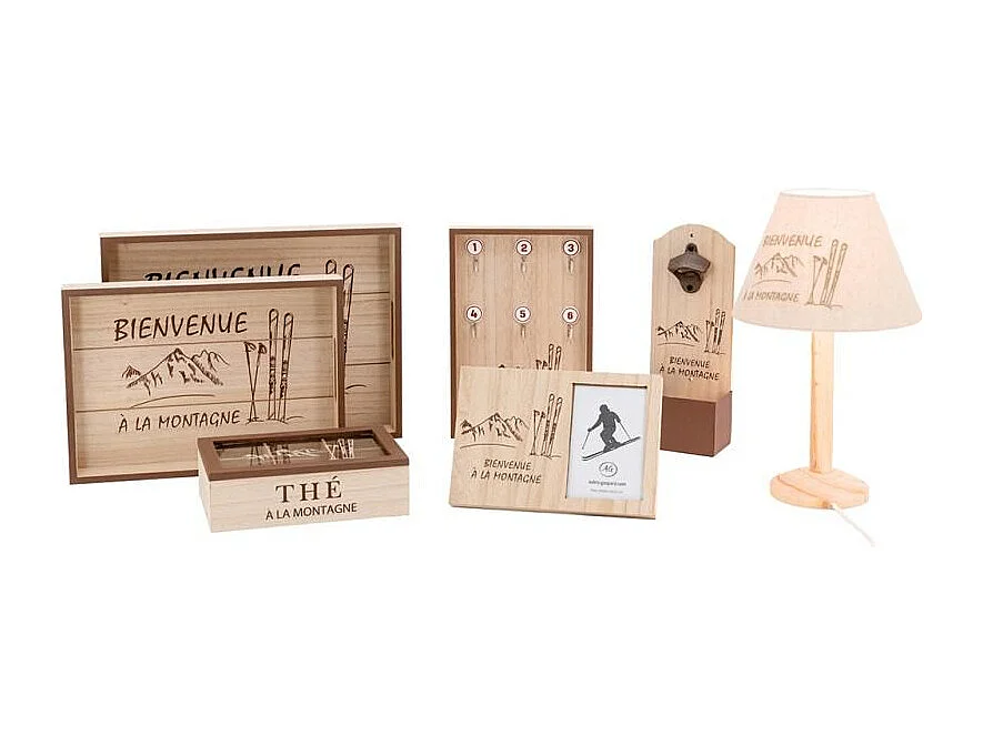 Boîte à thé en bois naturel avec décor montagne et couvercle en verre