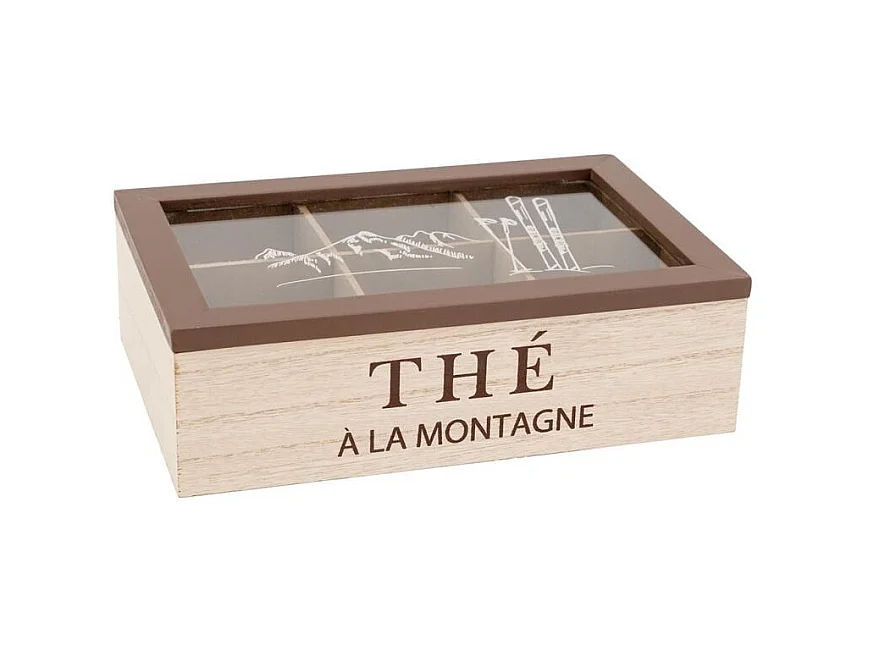 Boîte à thé en bois naturel avec décor montagne et couvercle en verre