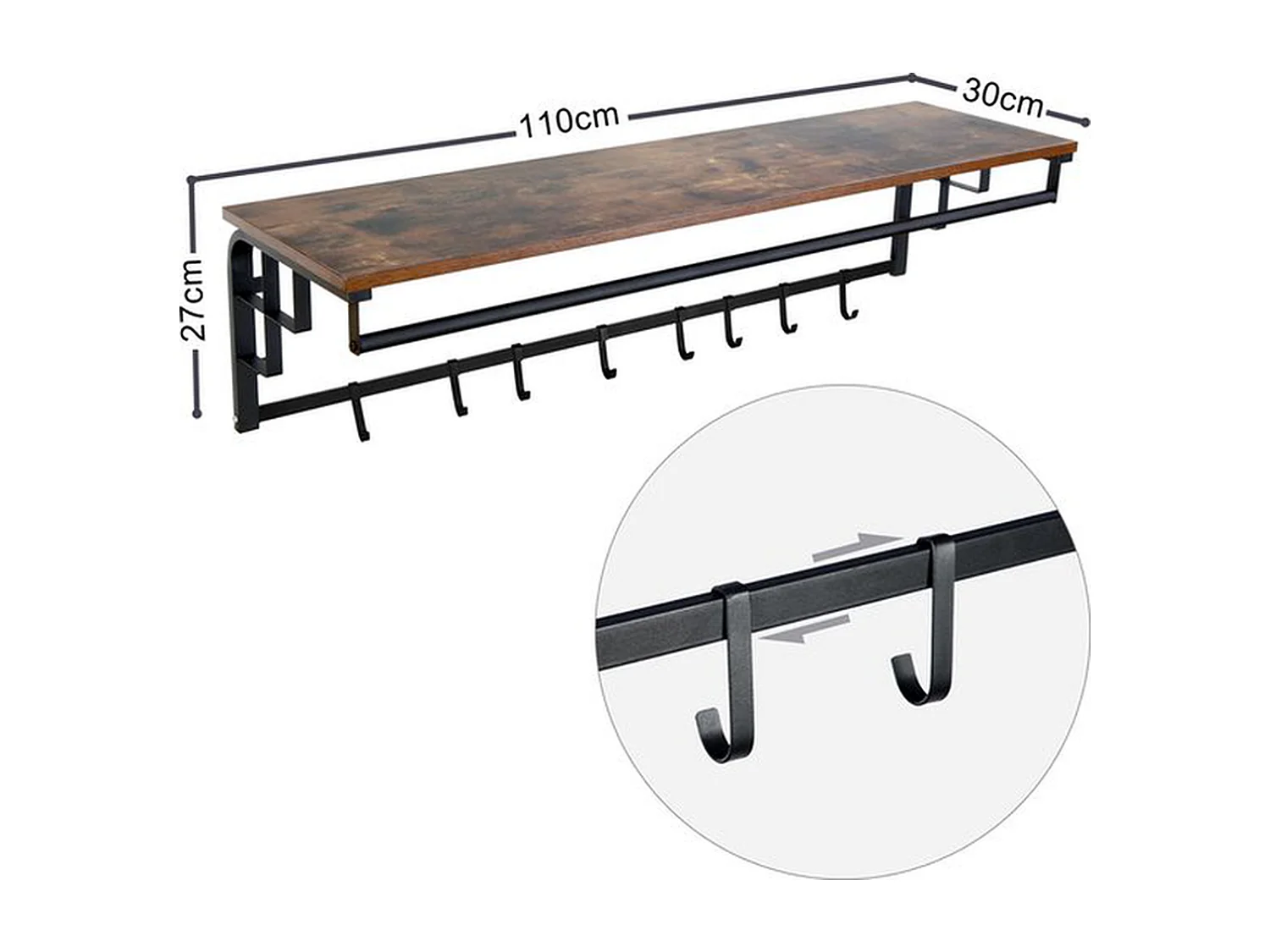 Wandkapstok Furnilux - Bruin 110x30x27 cm - Met hoedenplank en 8 haken