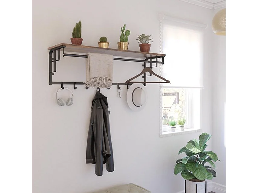 Porte-manteau mural Furnilux - Marron 110x30x27 cm - Étagère et 8 crochets