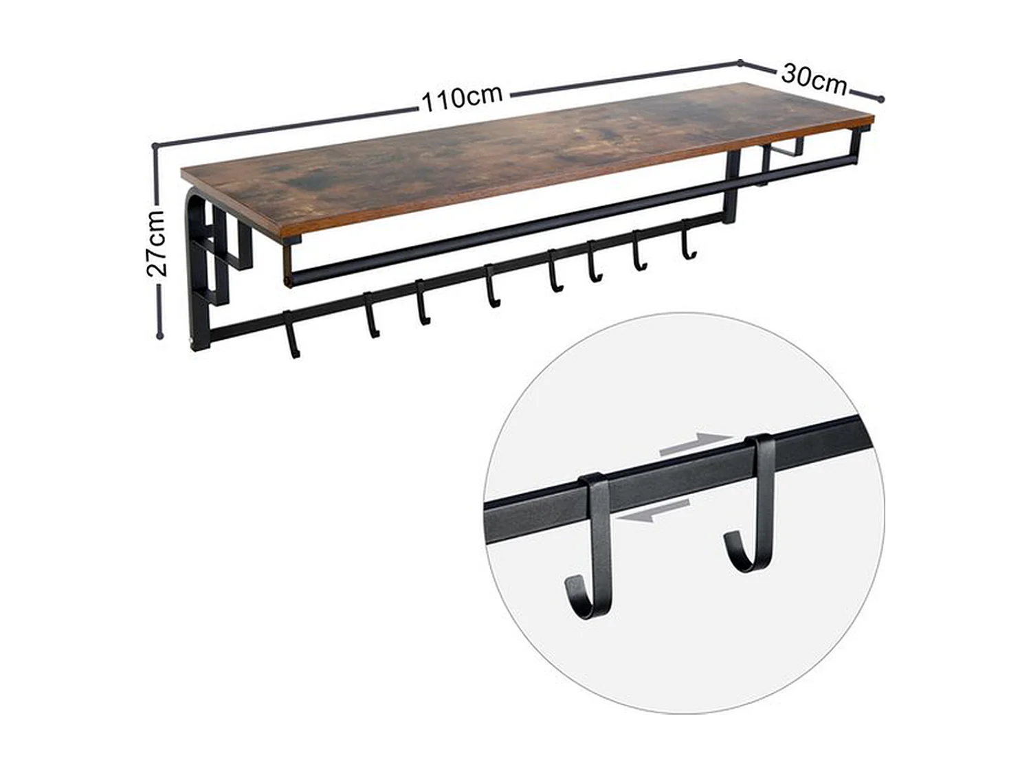 Porte-manteau mural Furnilux - Marron 110x30x27 cm - Étagère et 8 crochets