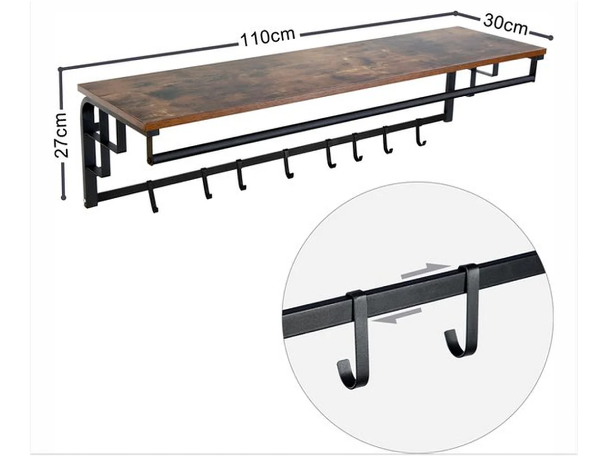 Porte-manteau mural Furnilux - Marron 110x30x27 cm - 8 crochets et étagère