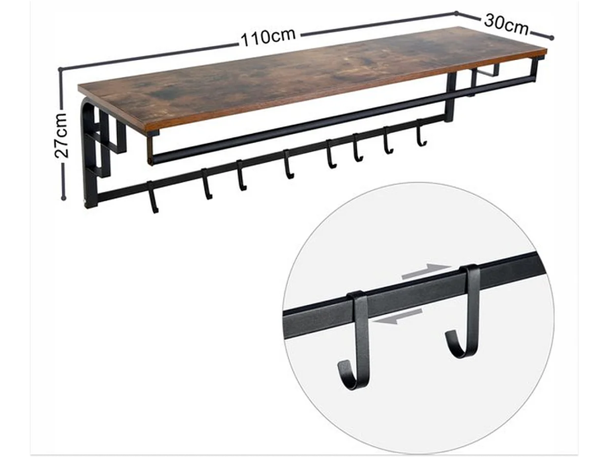 Porte-manteau mural Furnilux - Marron 110x30x27 cm - 8 crochets et étagère