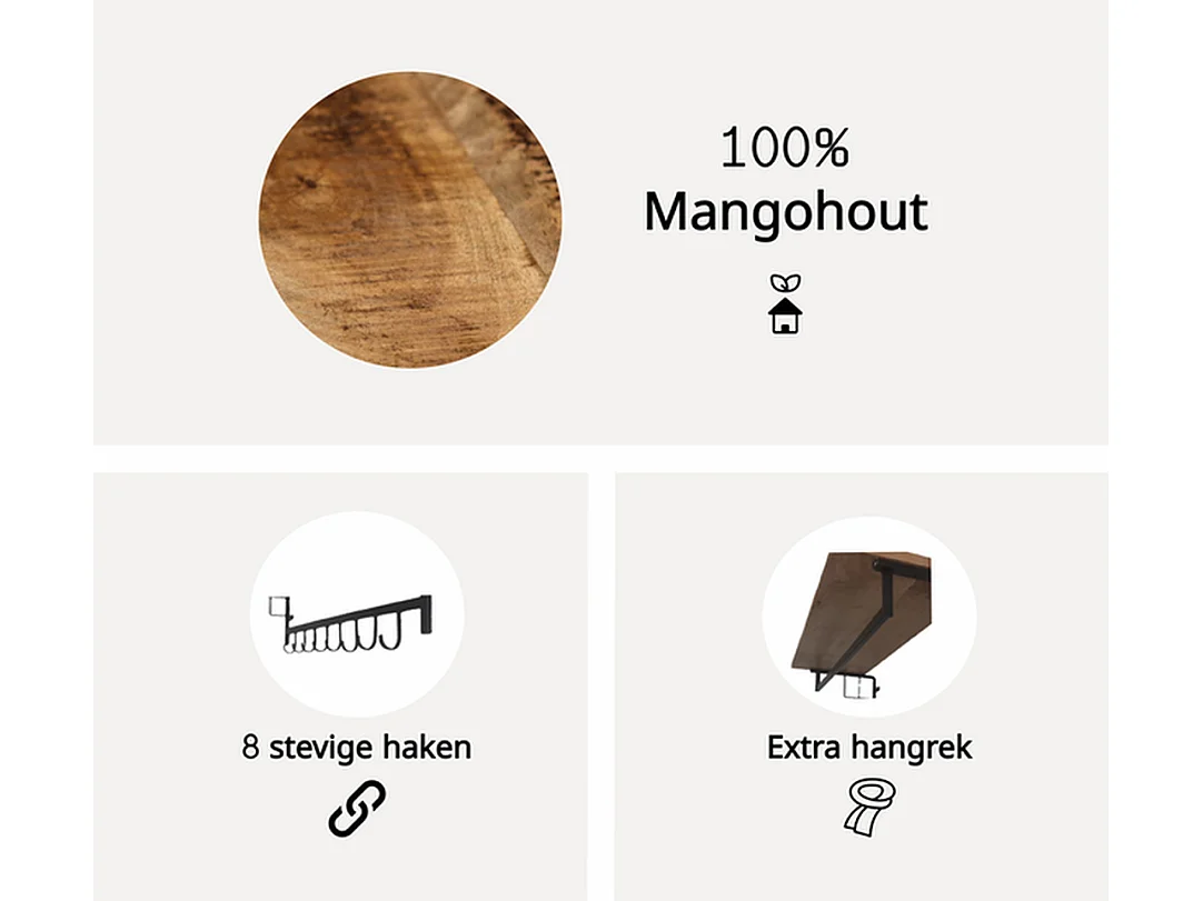 Wandkapstok - Mangohout - 110x30x27 cm - Industrieel Design Bruin Zwart