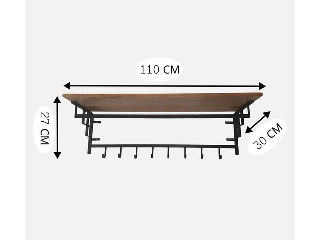 Porte-manteau mural - Bois de manguier Marron Noir - 8 crochets 110x30x27 cm
