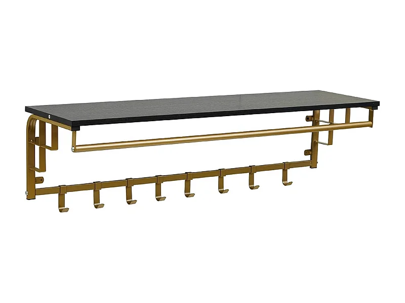 Porte-manteau mural Furnilux - Noir et or 110x30x27 cm - 8 crochets et étagère