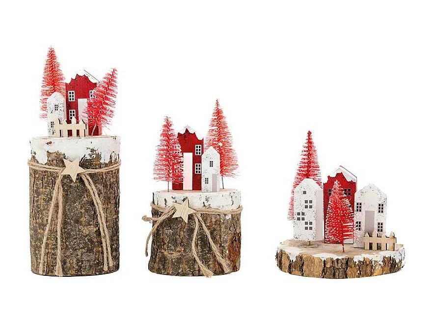 Villages de Noël en bois rouge et blanc