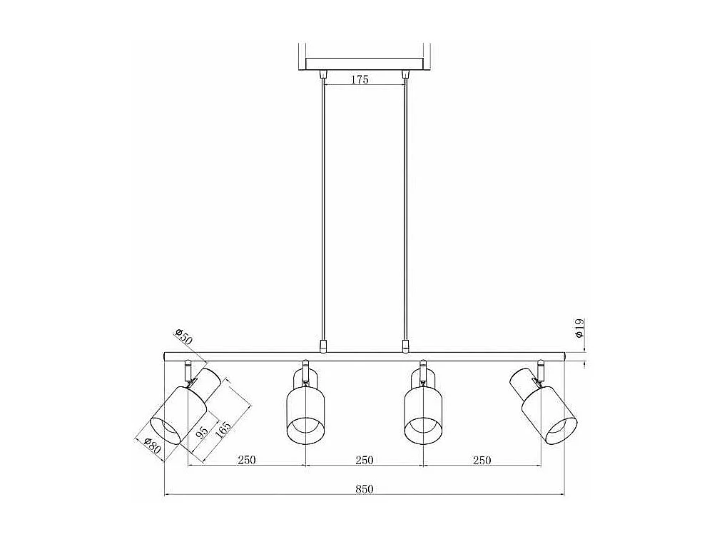 Colgante 4 luces modelo Maena acabado negro/latón, 31cm(alto) 85cm(ancho) 12cm(fondo)