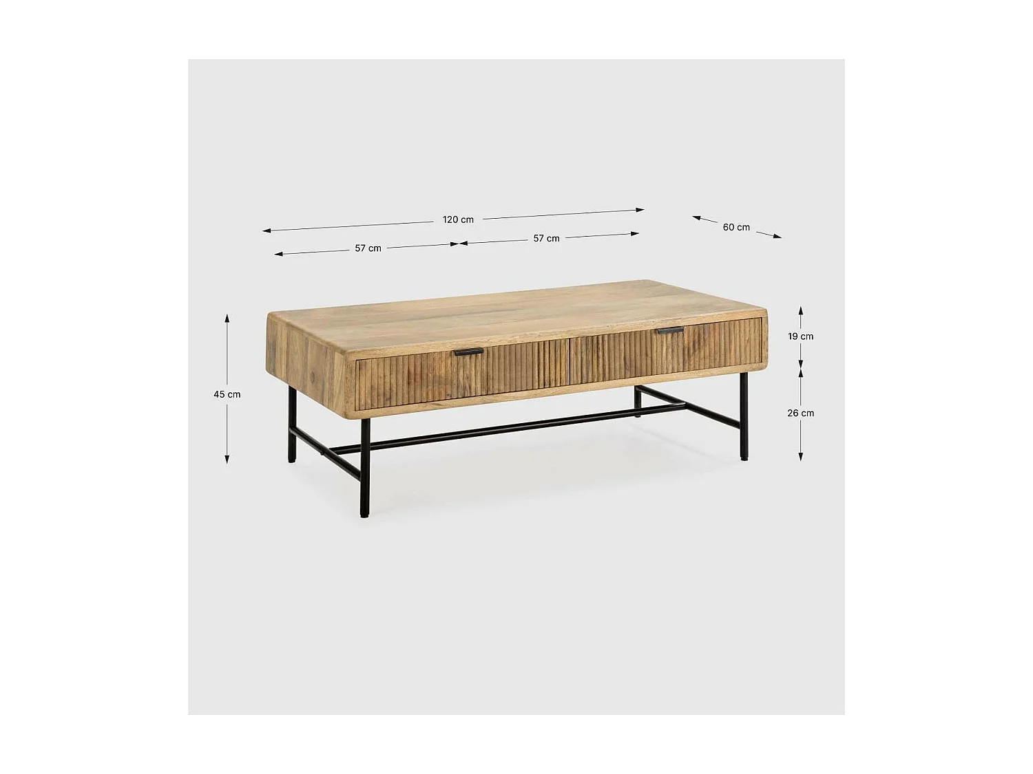 Mesa de centro Michel acabado madera de mango, 45cm(alto) 120cm(ancho) 60cm(fondo).