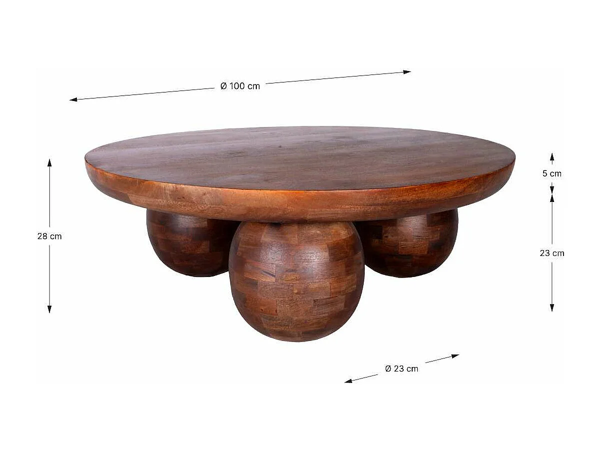 Mesa de centro redonda modelo Bruno acabado madera de mango, 29cm(alto) 100cm(ancho) 100cm