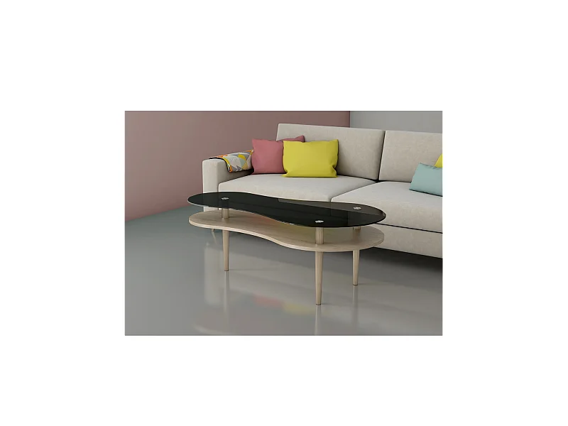 Mesa centro modelo Peanut para salón acabado cristal negro,60cm(alto) 140cm(ancho) 70cm(l