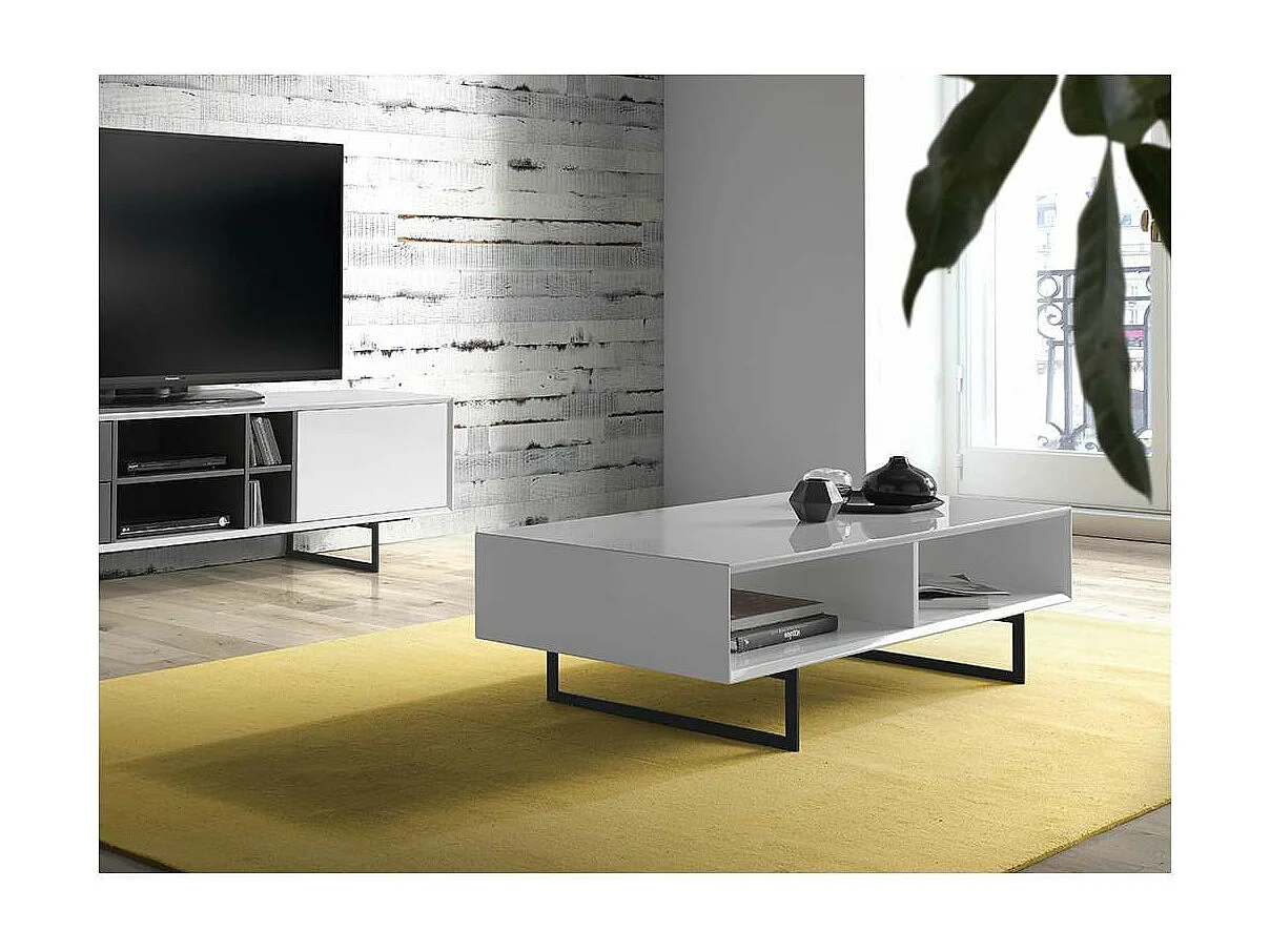Mesa de centro rectangular en blanco alto brillo Yasmín, 120 x 60 x 35 cm (largo x ancho