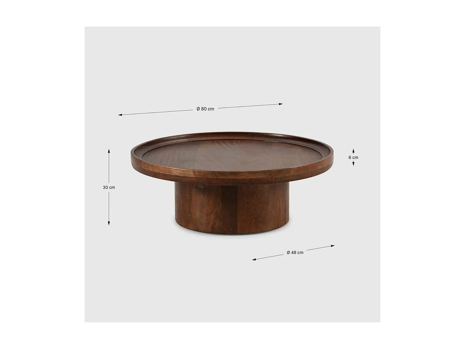 Mesa de centro redonda modelo Marta acabado madera de mango, 30cm(alto) 80cm(ancho) 80cm(f