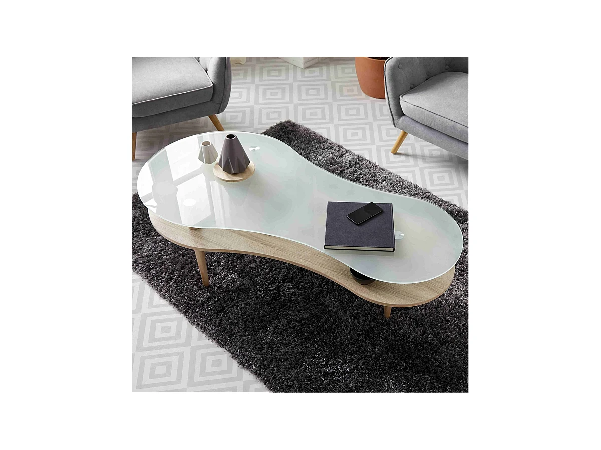 Mesa centro modelo Peanut para salón acabado cristal glaseado, 60cm(alto) 140cm(ancho) 70