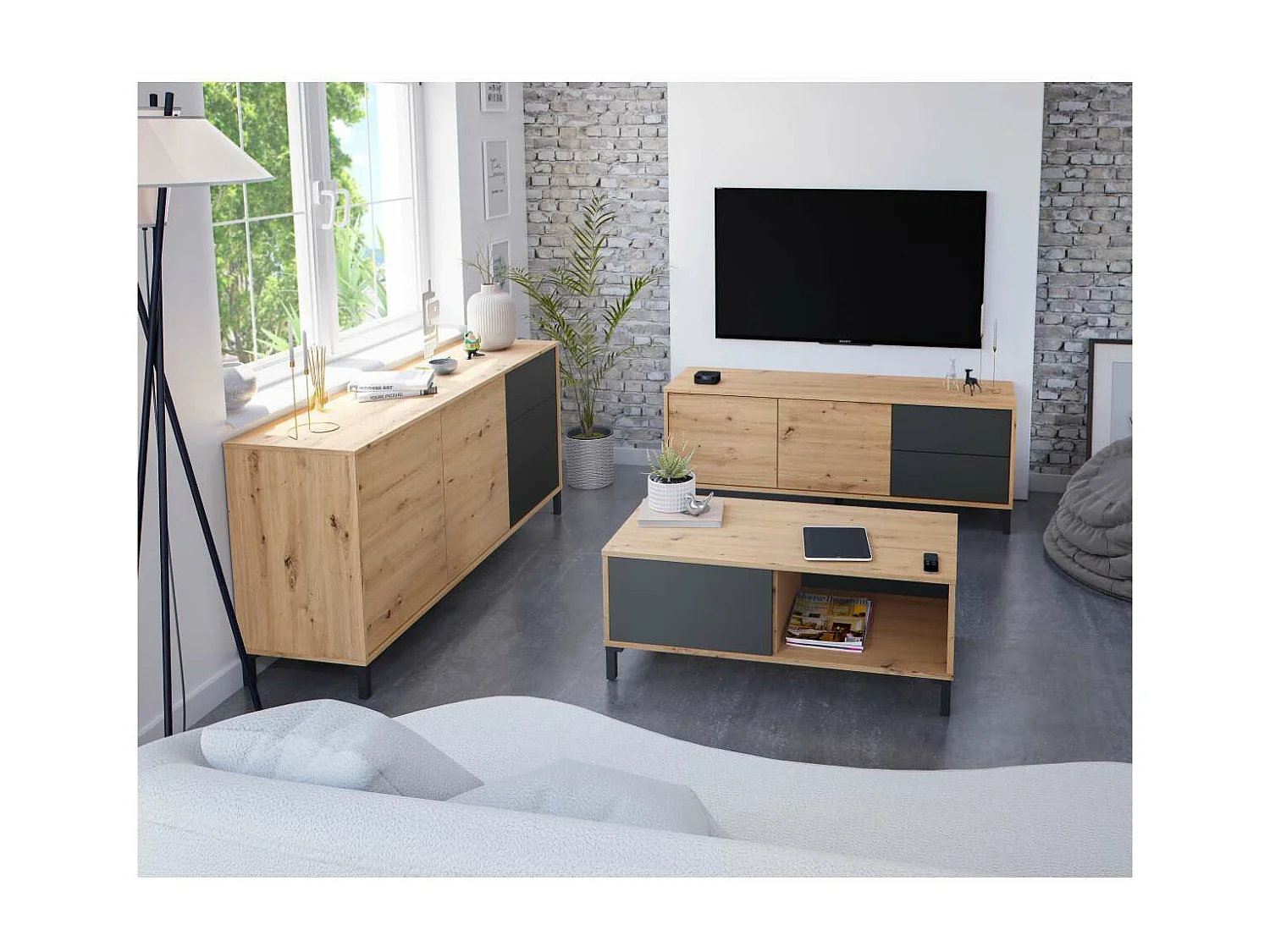 Mesa centro Luna acabado en roble y gris antracita Medidas: 100 cm (Ancho) x 50 cm (Fondo)