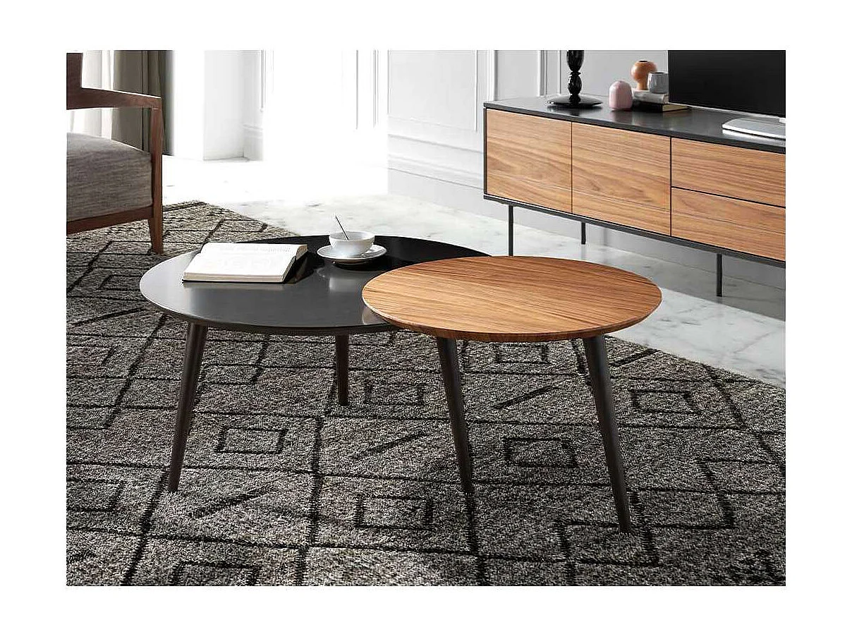 Mesa de centro con dos cuerpos circulares en nogal y gris mate Helena, 80/59.5 x 41/43.5 c