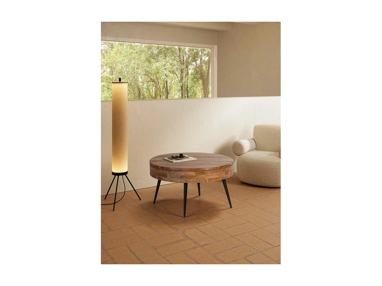 Mesa de centro redonda modelo Erika acabado madera de acacia, 50cm(alto) 90cm(ancho) 90cm(