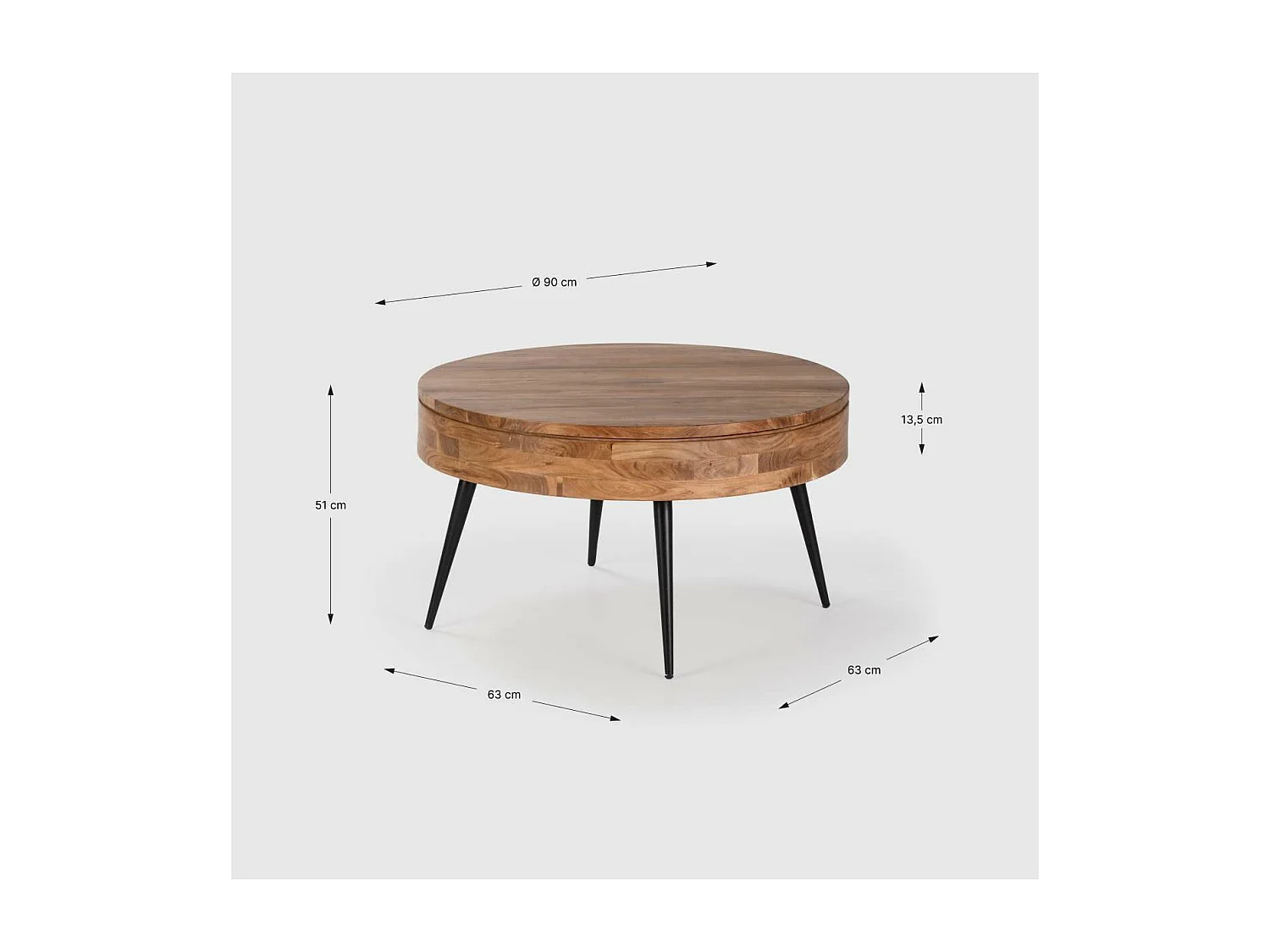 Mesa de centro redonda modelo Erika acabado madera de acacia, 50cm(alto) 90cm(ancho) 90cm(