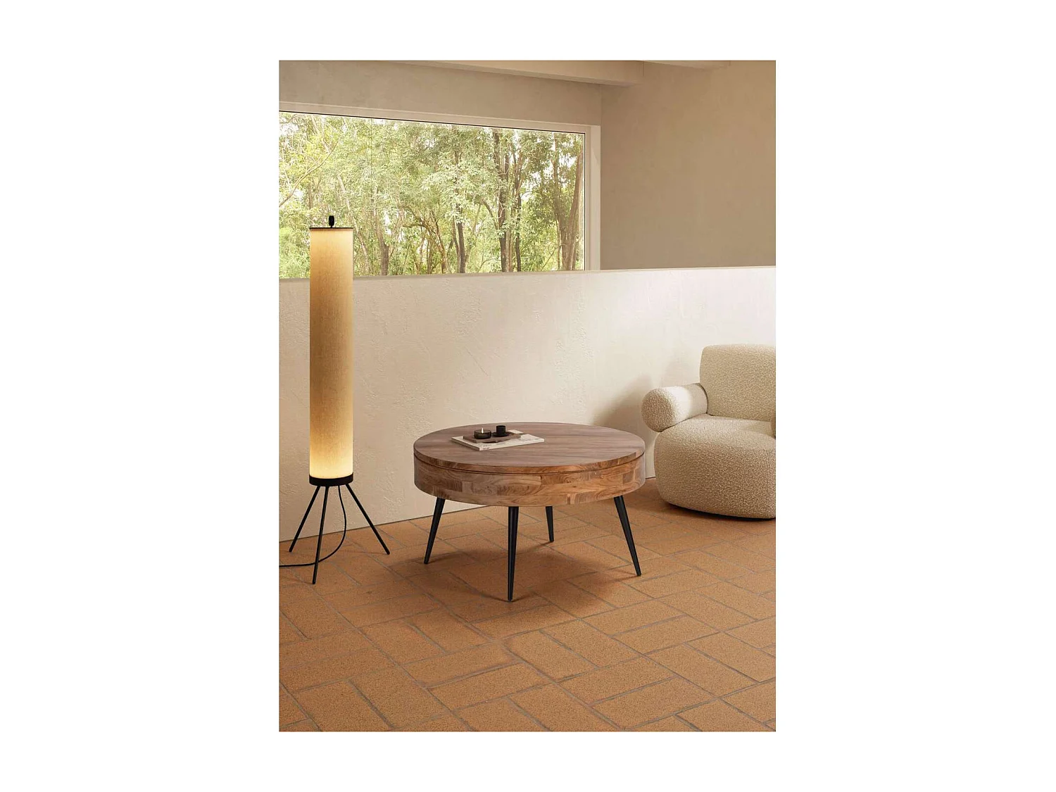 Mesa de centro redonda modelo Erika acabado madera de acacia, 50cm(alto) 90cm(ancho) 90cm(