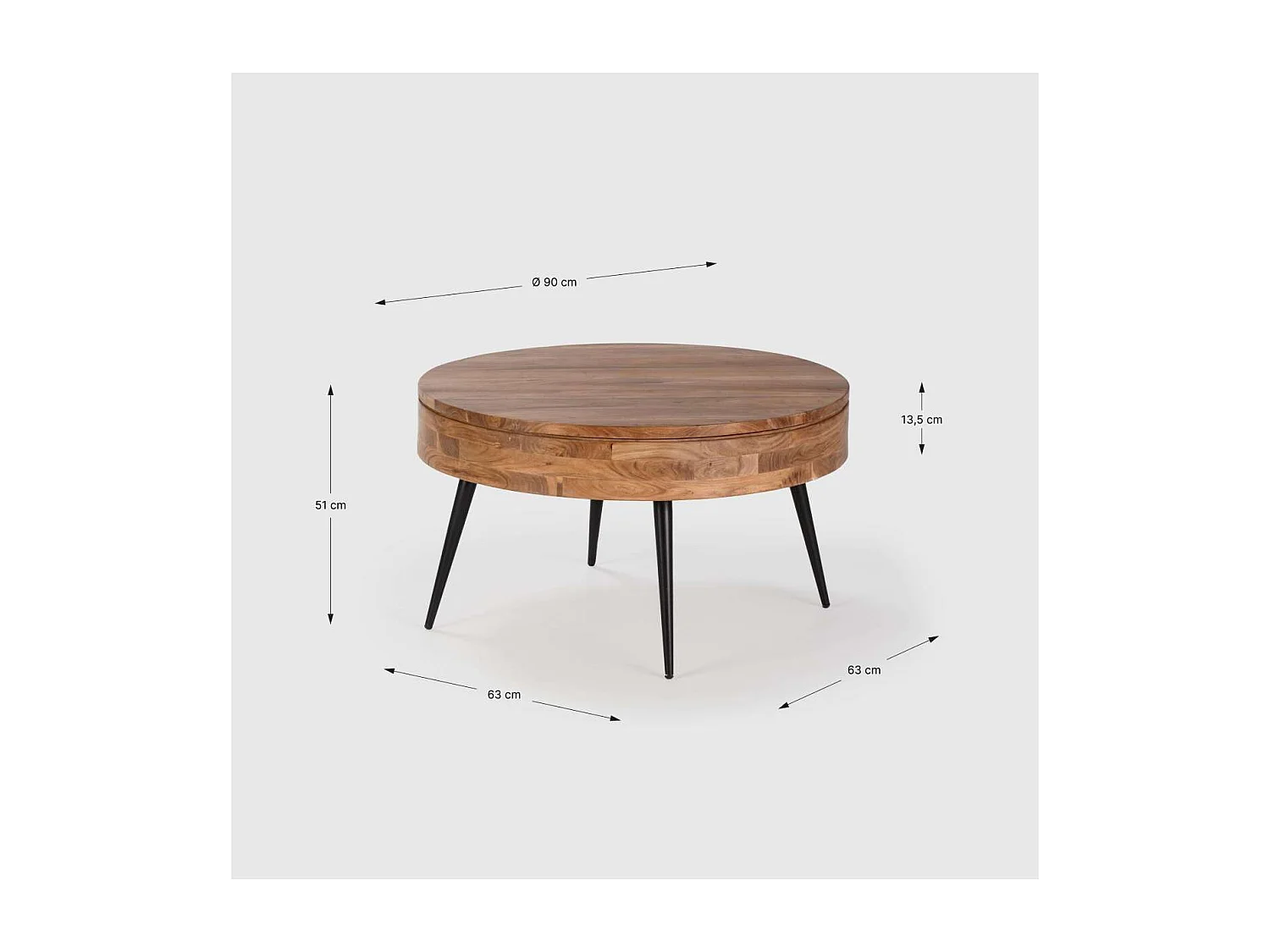 Mesa de centro redonda modelo Erika acabado madera de acacia, 50cm(alto) 90cm(ancho) 90cm(