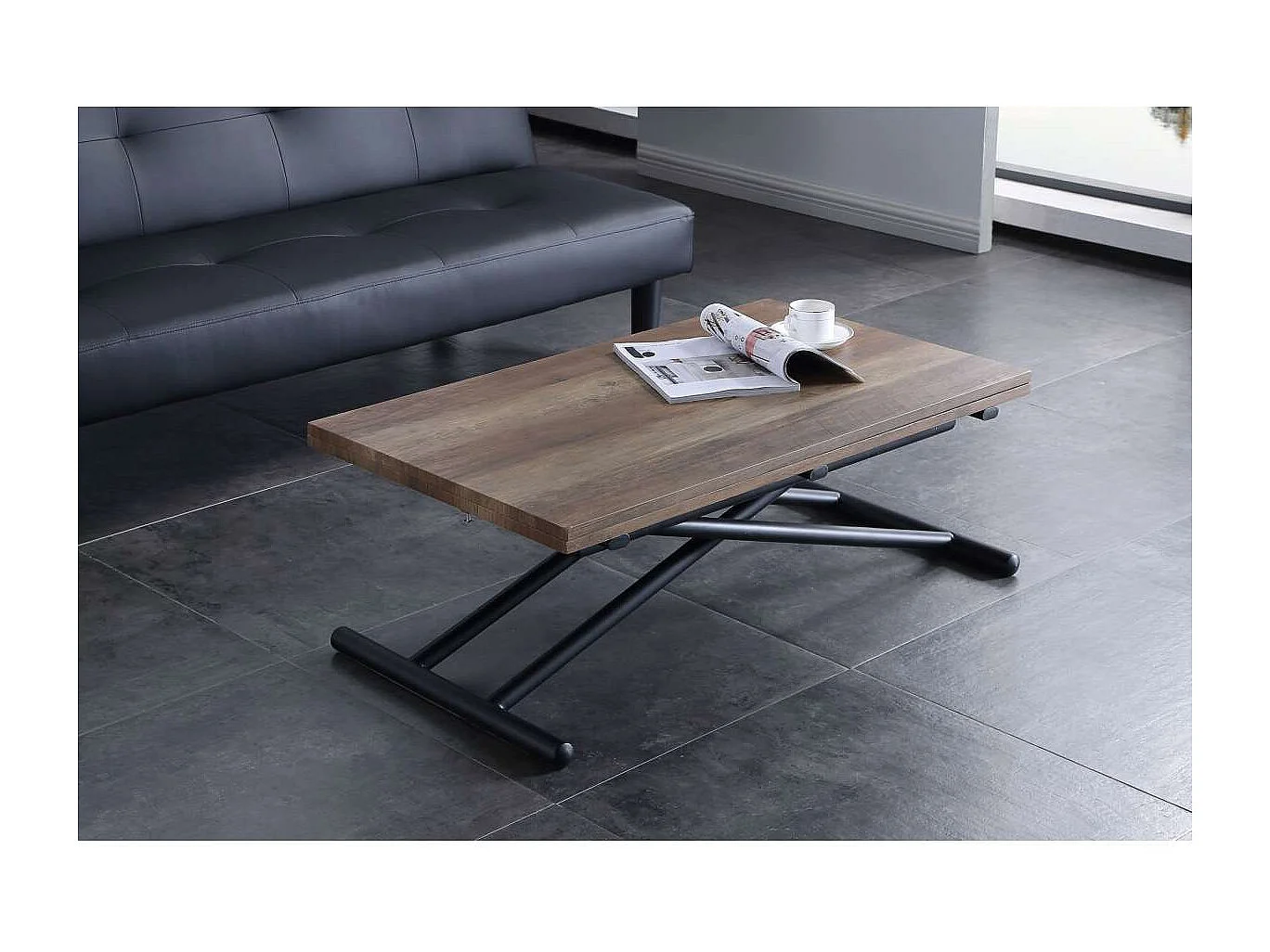Mesa de Centro Up-Down, elevable Extensible acabado nogal, 50-100 cm(ancho)100 cm(largo)