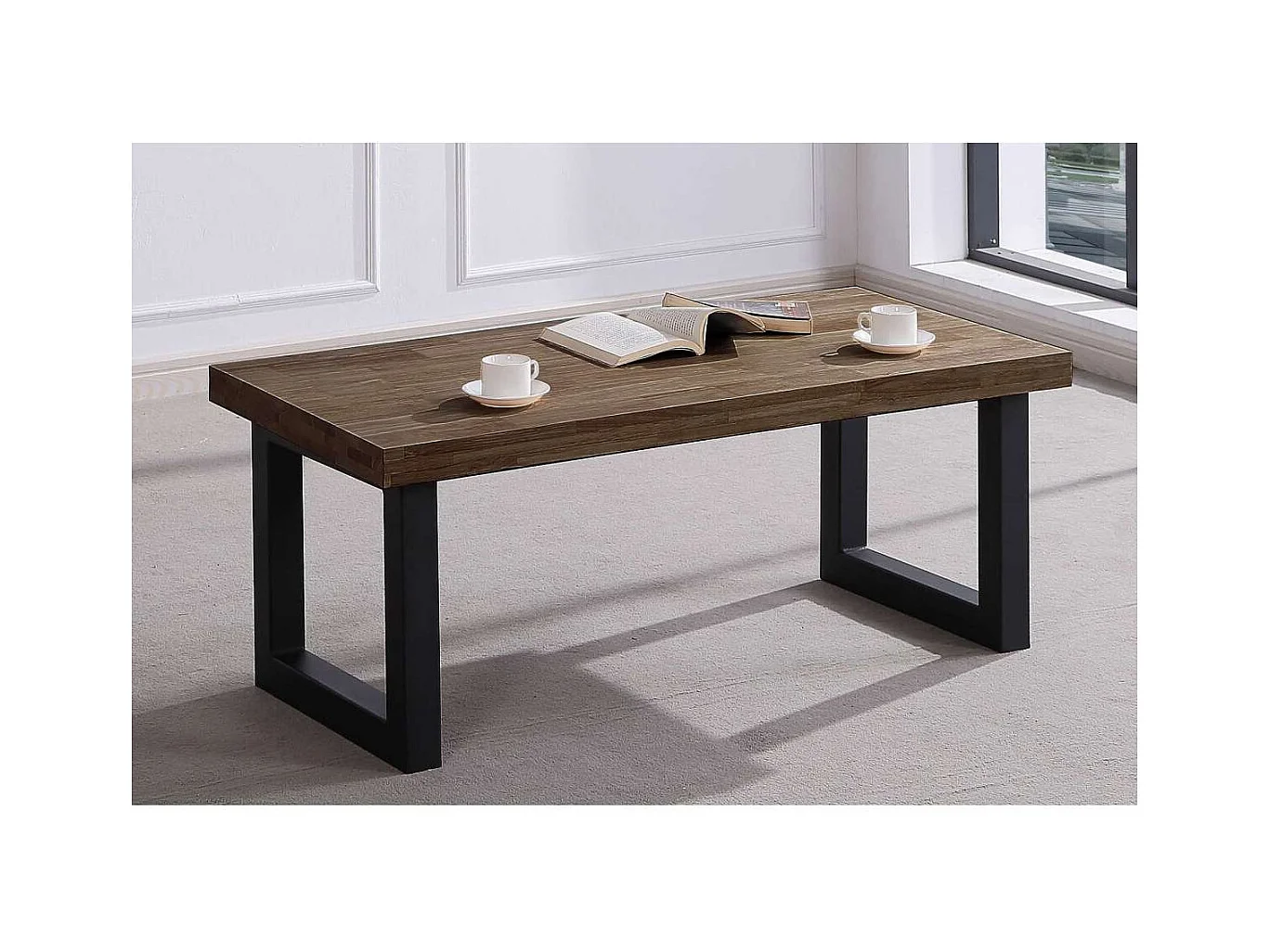 Mesa centro elevable Loft color roble American estructura en negra 47,5 cm(alto)120 cm(anc