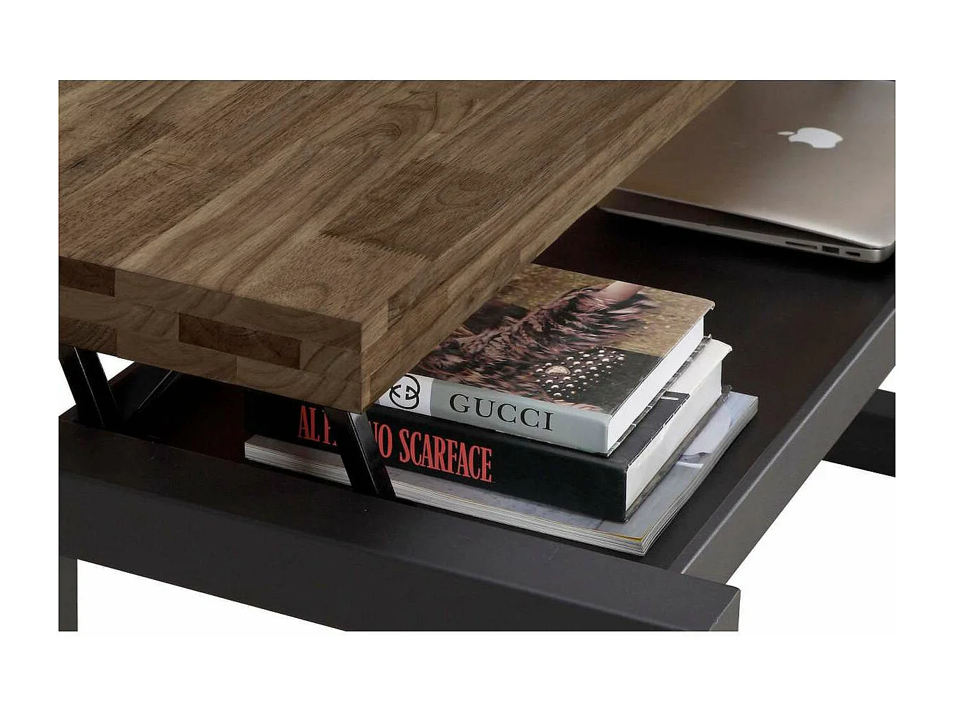 Mesa centro elevable Loft color roble American estructura en negra 47,5 cm(alto)120 cm(anc