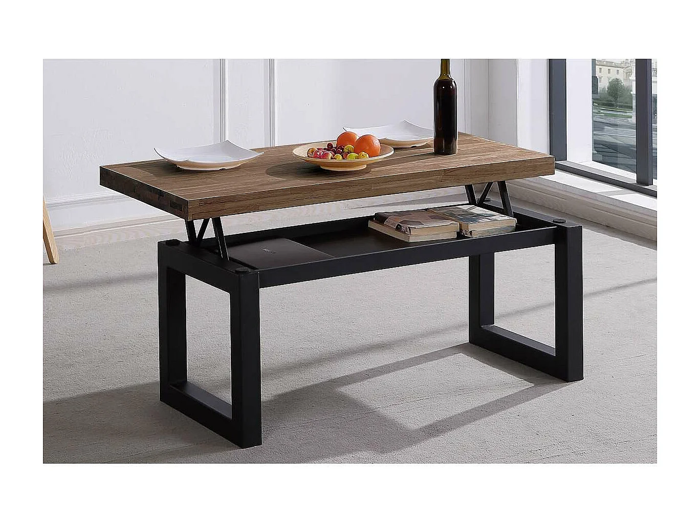 Mesa centro elevable Loft color roble American estructura en negra 47,5 cm(alto)120 cm(anc