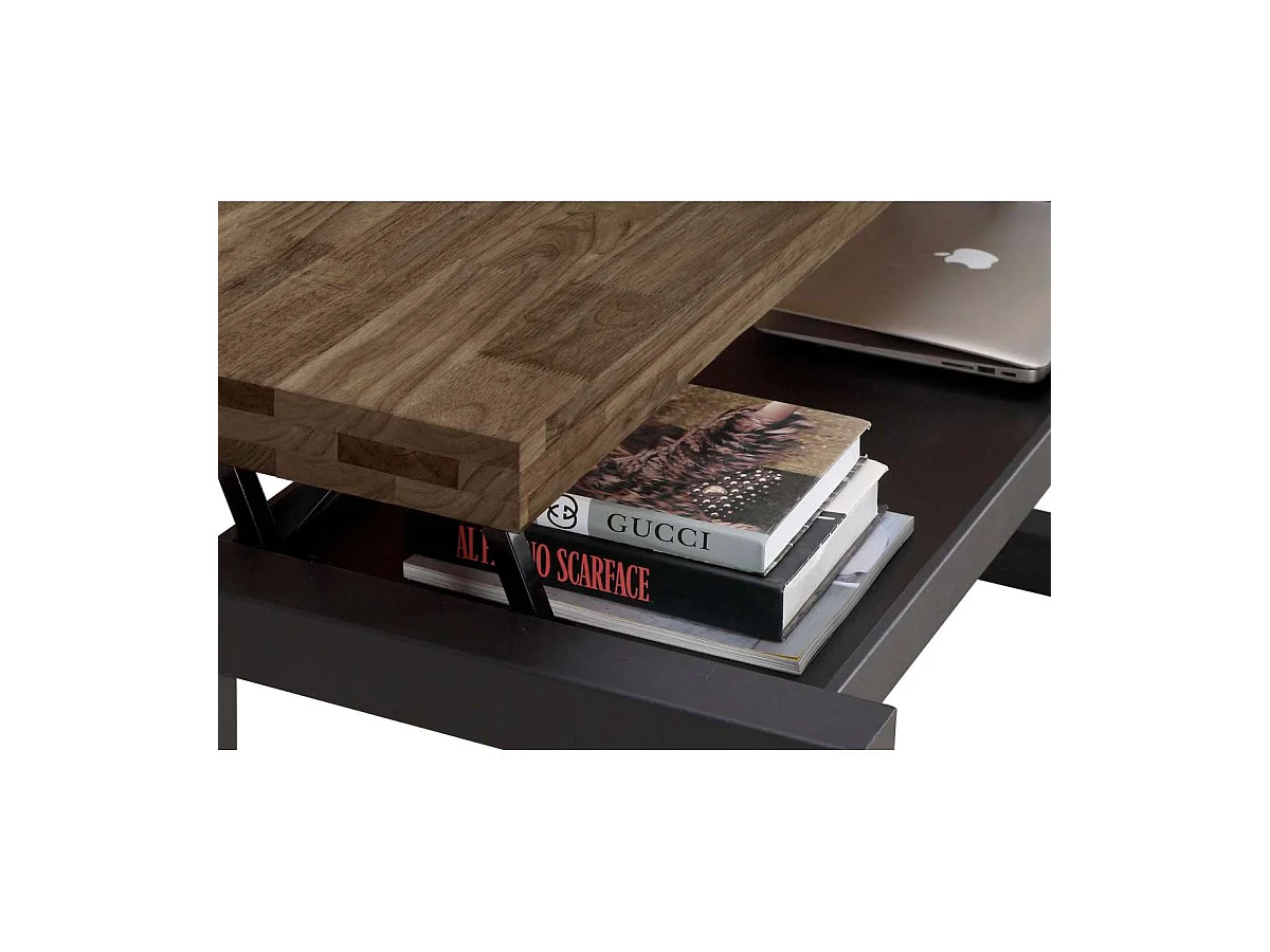 Mesa centro elevable Loft color roble American estructura en negra 47,5 cm(alto)120 cm(anc