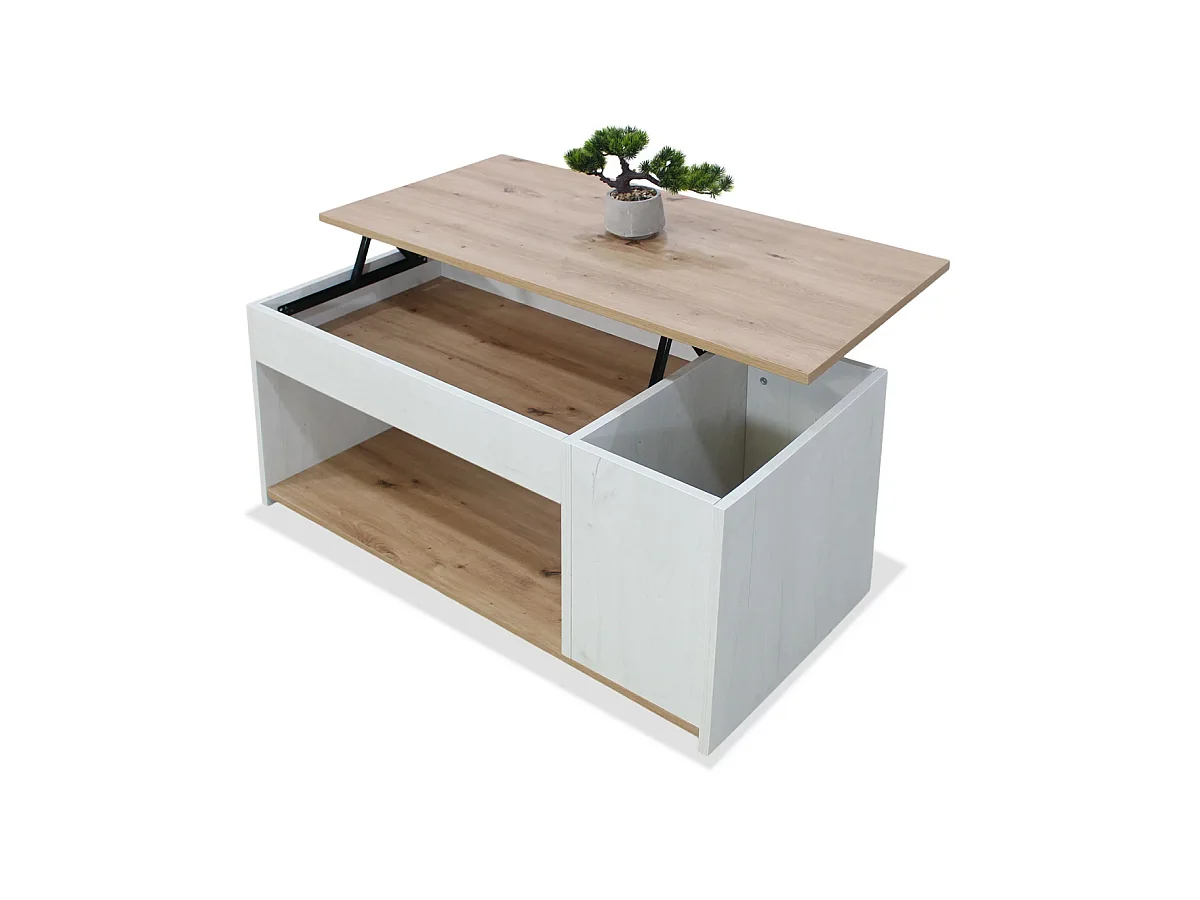 Mesa centro elevable acabado polar/artisan, 46cm(alto) 102cm(ancho) 55cm(largo)