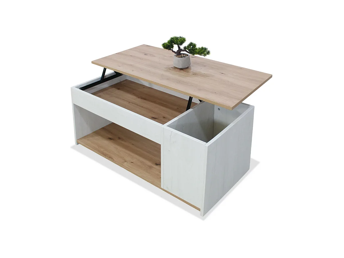 Mesa centro elevable acabado polar/artisan, 46cm(alto) 102cm(ancho) 55cm(largo)