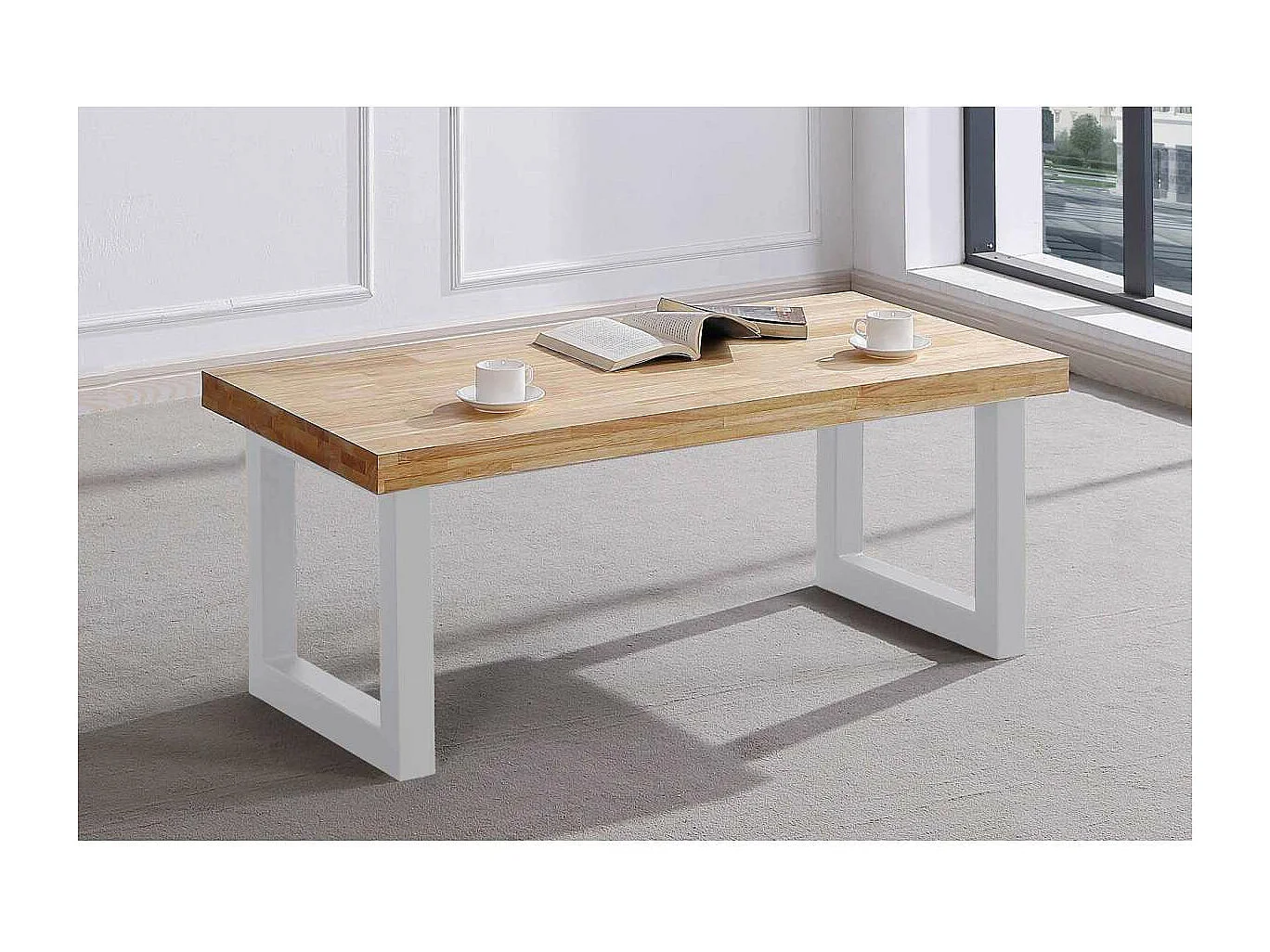 Mesa centro elevable Loft color roble nordish estructura en blanco 47,5 cm(alto)120 cm(anc