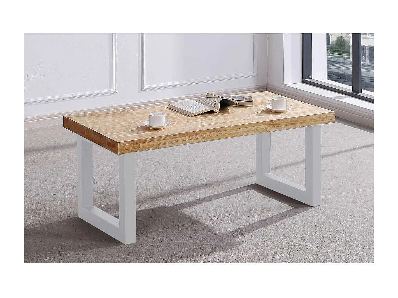 Mesa centro elevable Loft color roble nordish estructura en blanco 47,5 cm(alto)120 cm(anc