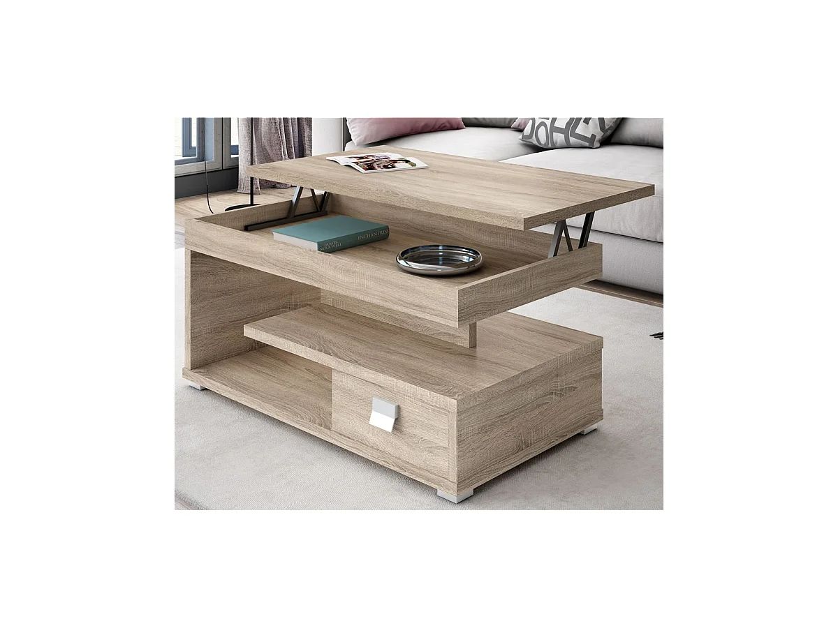 Mesa centro elevable acabado roble, 51 cm(alto) 110 cm(ancho) 55 cm(largo)