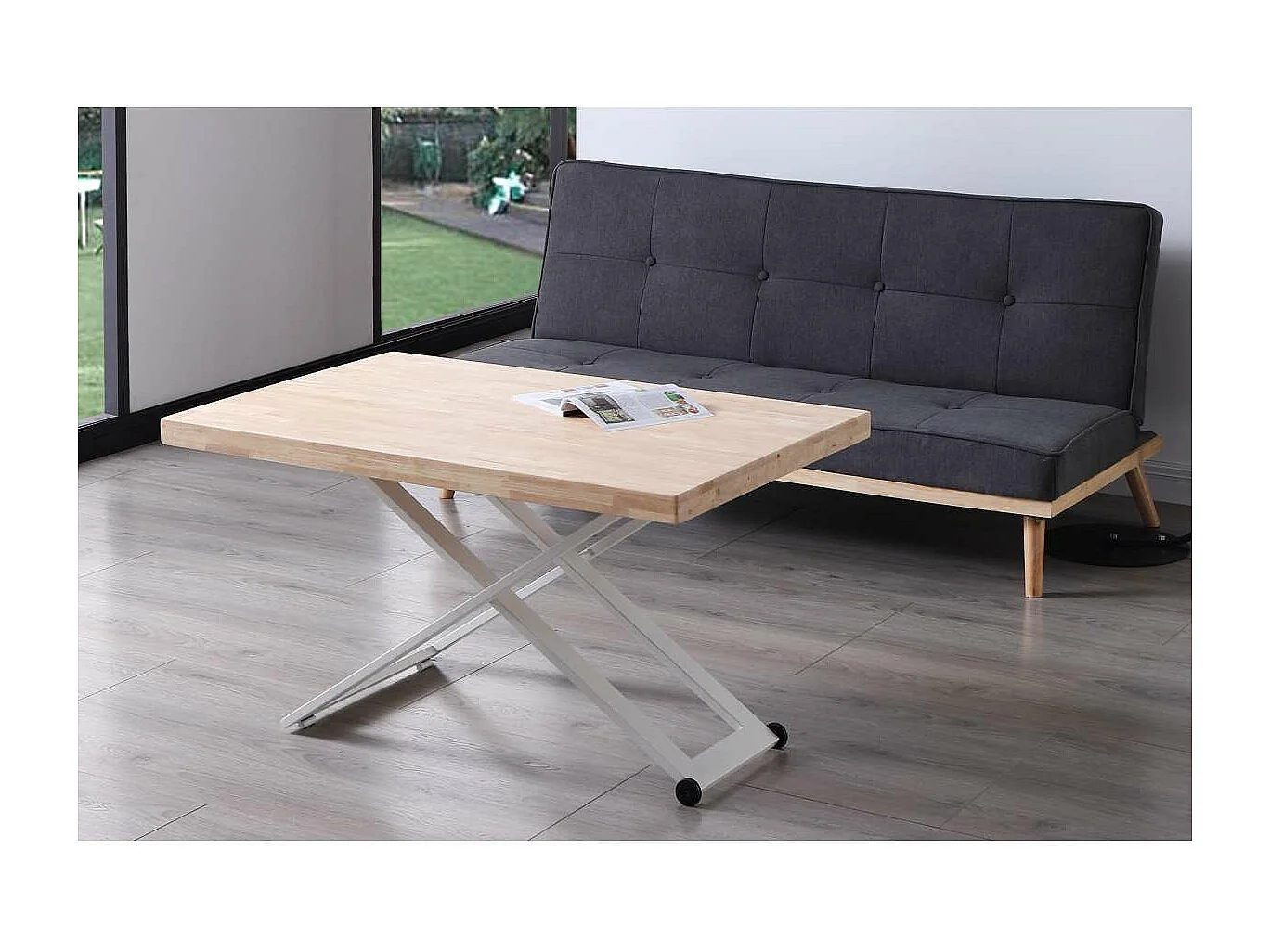 Mesa centro elevable Zoe tapa recta acabado roble nordish/blanco, 120cm(largo) 80cm (ancho
