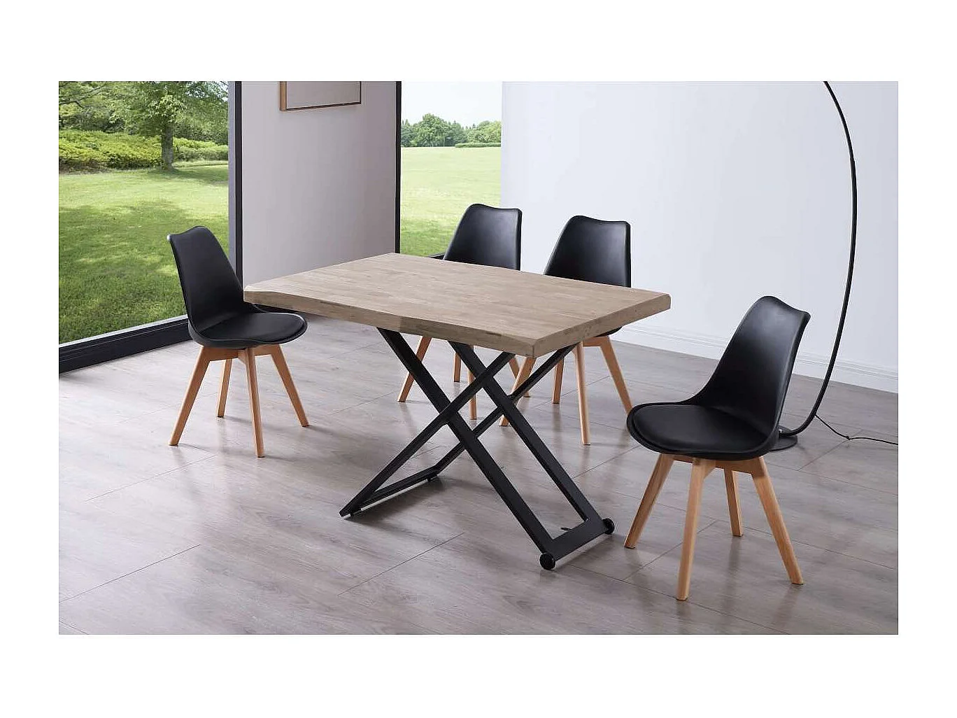 Mesa centro elevable Zoe tapa con forma acabado roble honey/negro, 120cm (largo) 80cm (anc