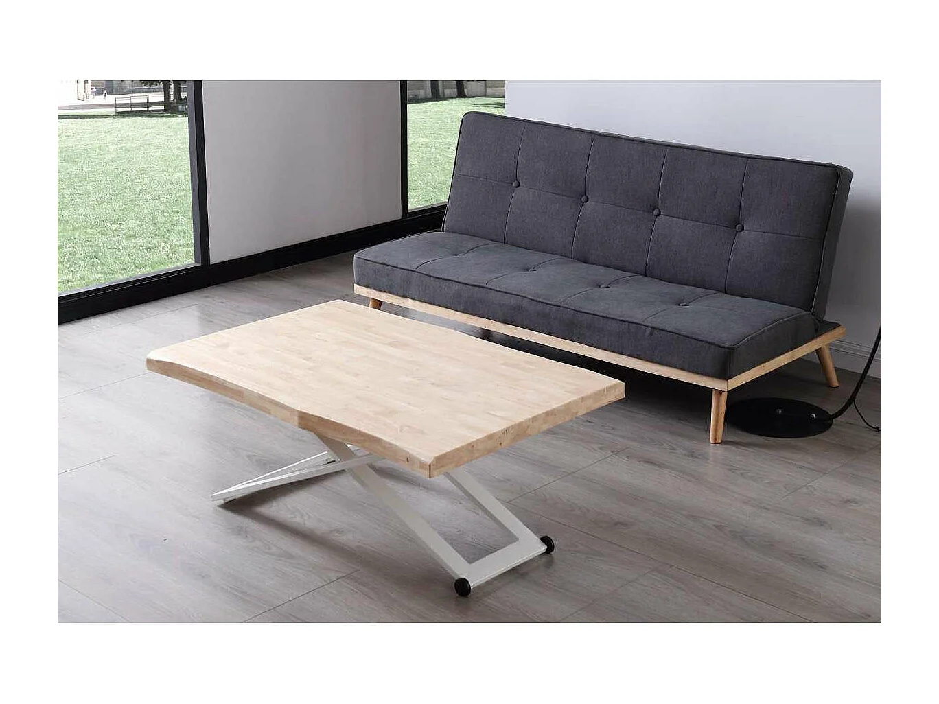 Mesa centro elevable Zoe tapa con forma acabado roble nordish/blanco, 120cm (largo) 80cm (