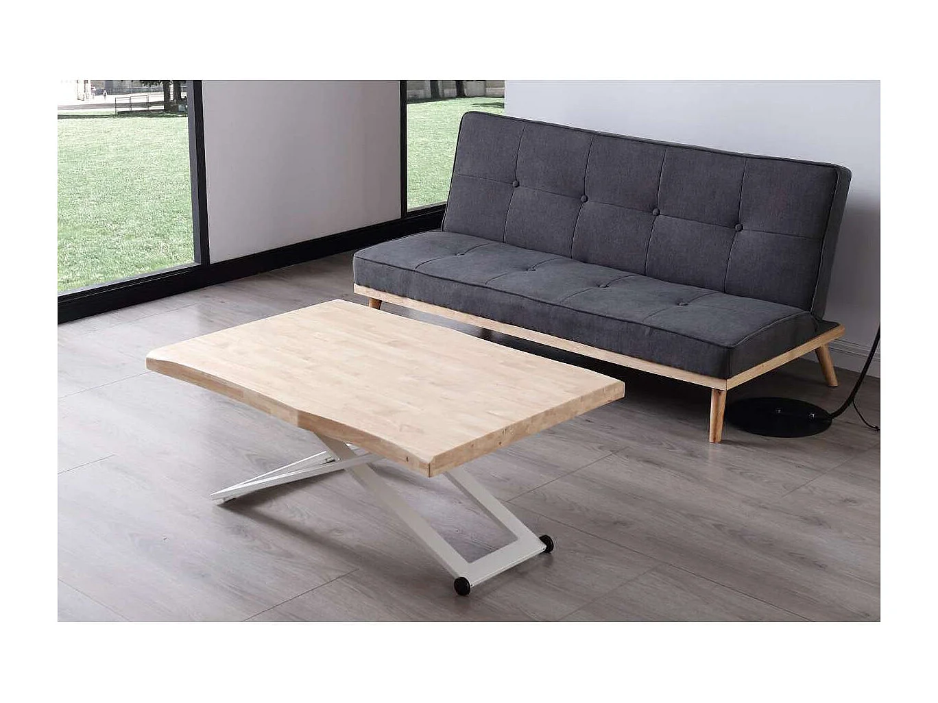 Mesa centro elevable Zoe tapa con forma acabado roble nordish/blanco, 120cm (largo) 80cm (
