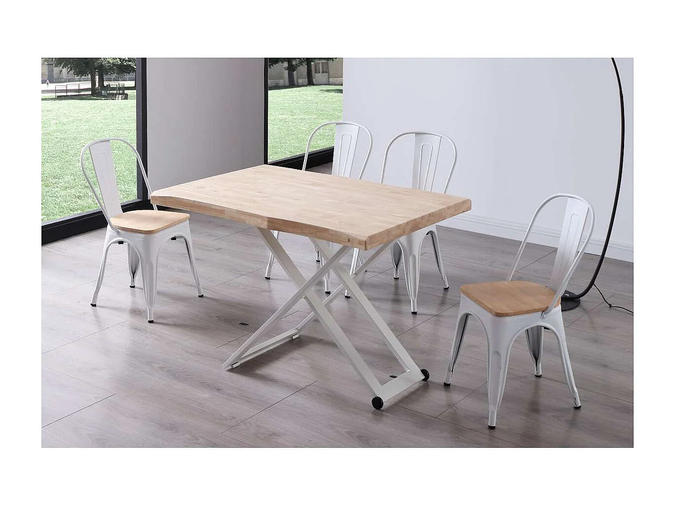 Mesa centro elevable Zoe tapa con forma acabado roble nordish/blanco, 120cm (largo) 80cm (